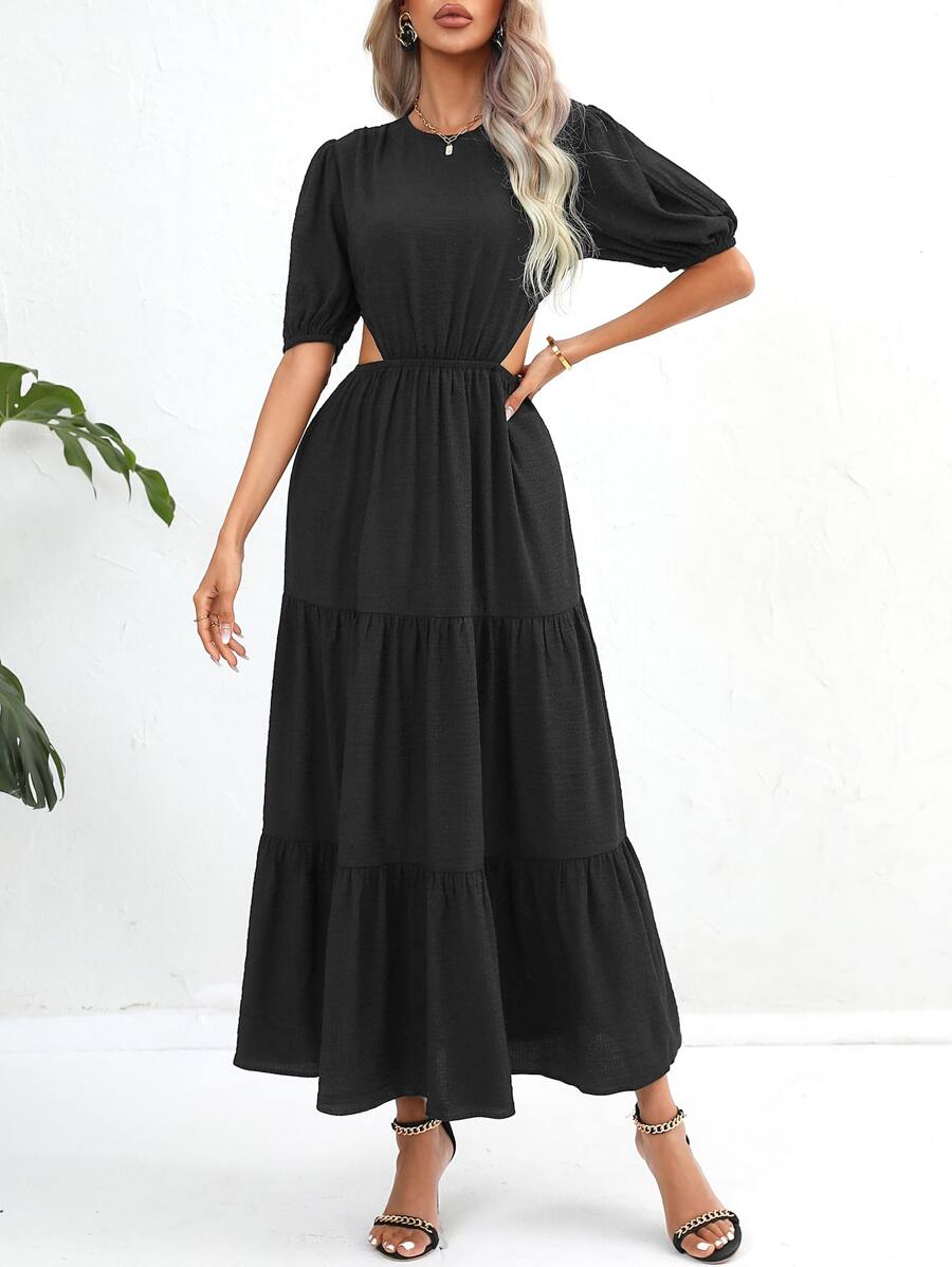 SHEIN VCAY Cut Out Waist Ruffle Hem Dress - Black - View 1