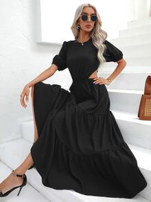 SHEIN VCAY Cut Out Waist Ruffle Hem Dress - Black - View 2