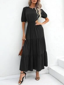 SHEIN VCAY Cut Out Waist Ruffle Hem Dress - Black - View 6