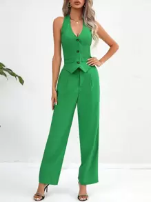 SHEIN Privé Hose & Blazer mit einfarbig Knopf vorne, Gürtel, Neckholder, rückenfrei - Grün - Übersicht 4