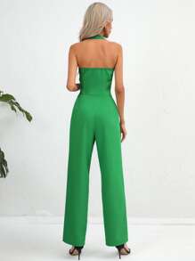 SHEIN Privé Hose & Blazer mit einfarbig Knopf vorne, Gürtel, Neckholder, rückenfrei - Grün - Übersicht 2