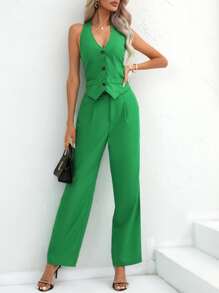 SHEIN Privé Hose & Blazer mit einfarbig Knopf vorne, Gürtel, Neckholder, rückenfrei - Grün - Übersicht 1