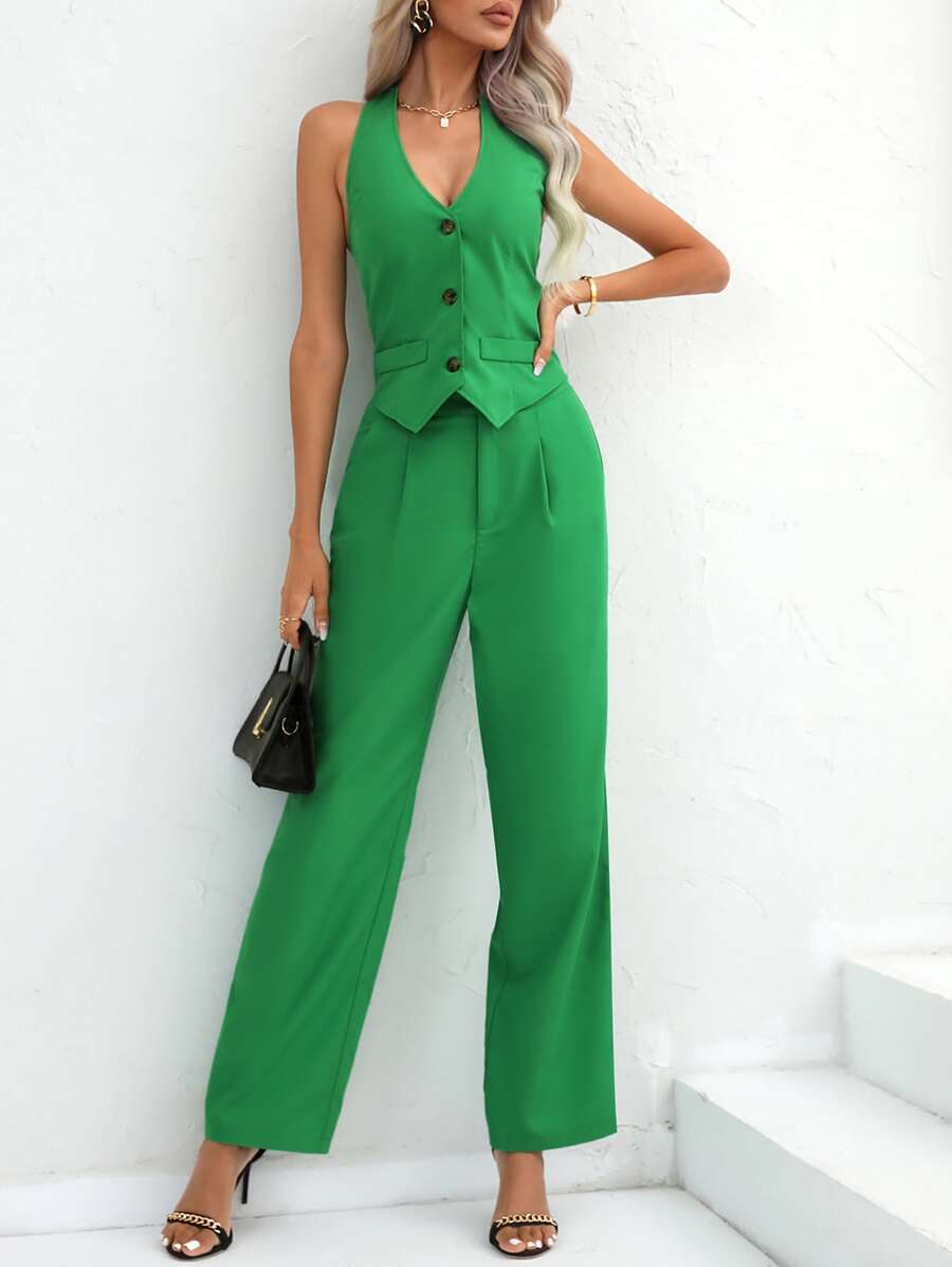 SHEIN Privé Pantalones con blazer unicolor con botón delantero con cinturón de cuello halter de espalda abierta - Verde - Ver 1