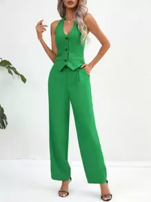 SHEIN Privé Hose & Blazer mit einfarbig Knopf vorne, Gürtel, Neckholder, rückenfrei - Grün - Übersicht 5