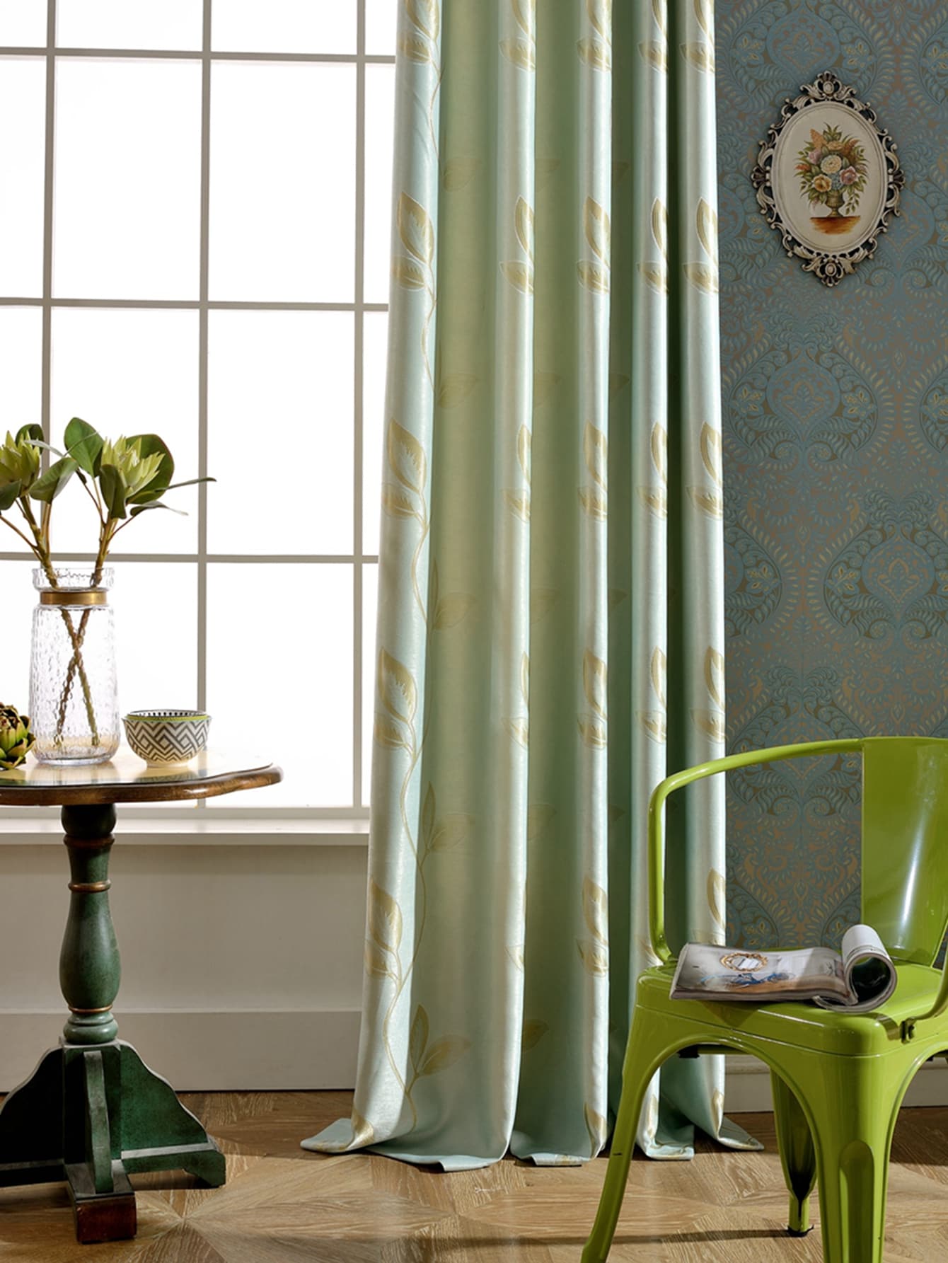 植物刺繡單片遮光窗簾適用於臥室和客廳現代滌綸單片窗簾四季皆宜 - 藍色 - 查看 1