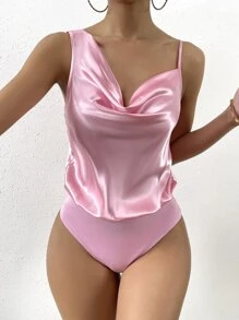 SHEIN Privé 前垂褶不對稱領緞面連體衣