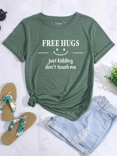 INAWLY Slogan Graphic Tee FREE HUGS Just Kidding Don't Touch Me Graphic Tees Women Tops
