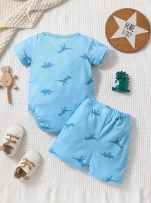 Bé trai sơ sinh In Khủng long Áo liền quần chặt & Quần short - Màu xanh nhạt - Xem 2