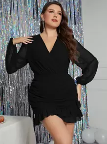 Double Crazy Plus Size Women's Casual V-Neck Ruffle Hem Solid Color Dress, Summer Dress For Beach/Vacation - Black - View 1