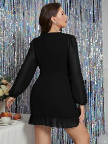 Double Crazy Plus Size Women's Casual V-Neck Ruffle Hem Solid Color Dress, Summer Dress For Beach/Vacation - Black - View 2