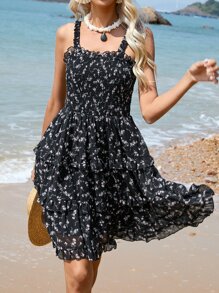 SHEIN VCAY Đầm viền lá sen Dải chun Họa tiết hoa Boho - màu đen - Xem 5