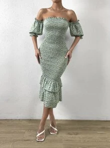 SHEIN Privé Ditsy Floral Print Off Shoulder Puff Sleeve Layered Hem Dress - Green - View 1
