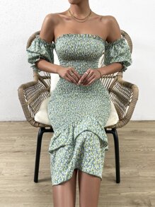 SHEIN Privé Ditsy Floral Print Off Shoulder Puff Sleeve Layered Hem Dress - Green - View 6