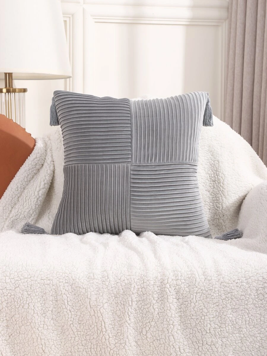 1入組無填充物條紋靠墊套現代織物流蘇裝飾枕套適用於家居裝飾 - 灰色 - 查看 1