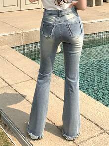 DAZY 高腰漂白水洗毛邊牛仔喇叭褲 - 淺色水洗藍 - 查看 4