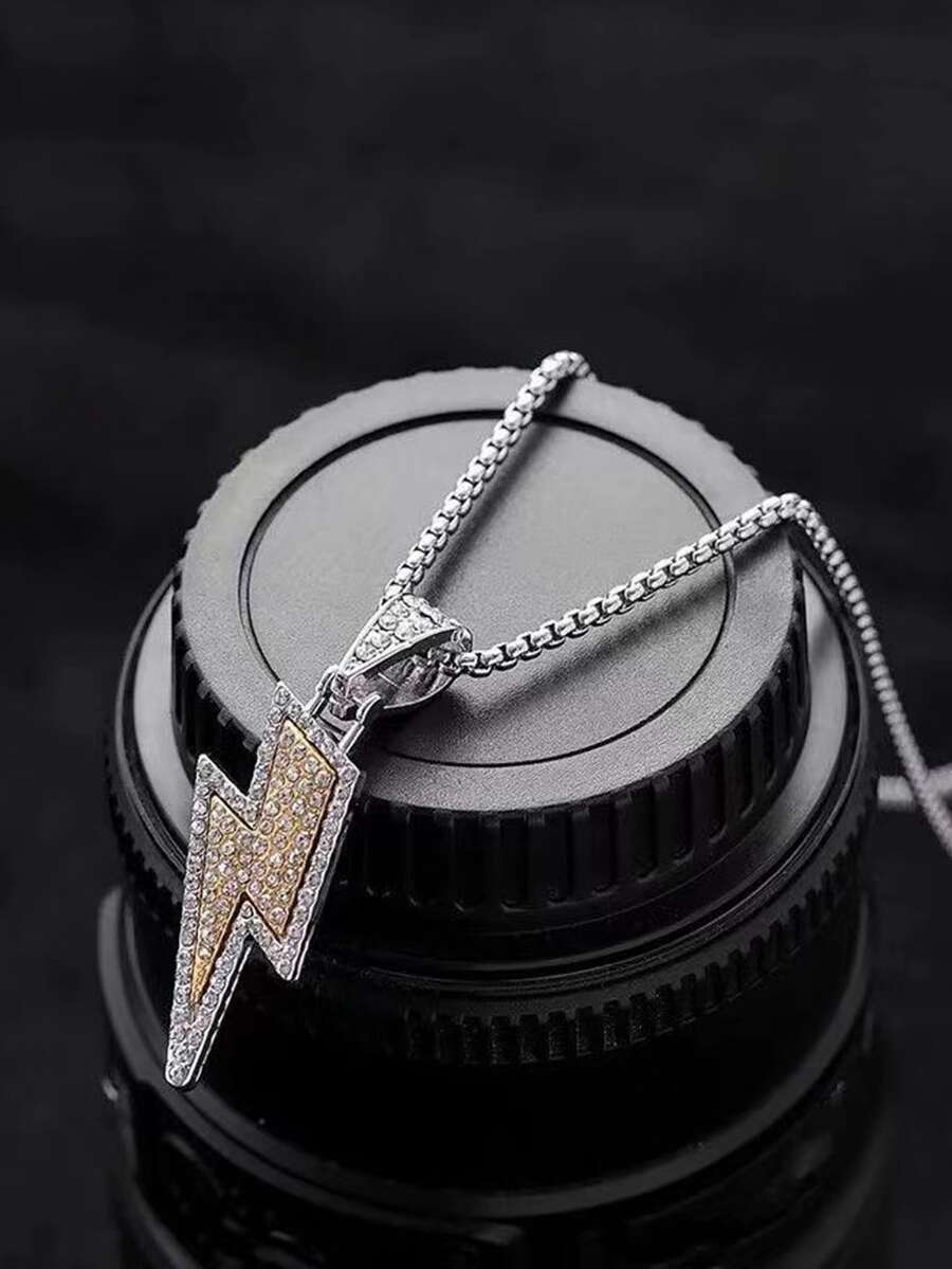 1pc Fashionable Rhinestone Lighting Pendant Necklace For Men For Daily Decoration - Silver - View 1