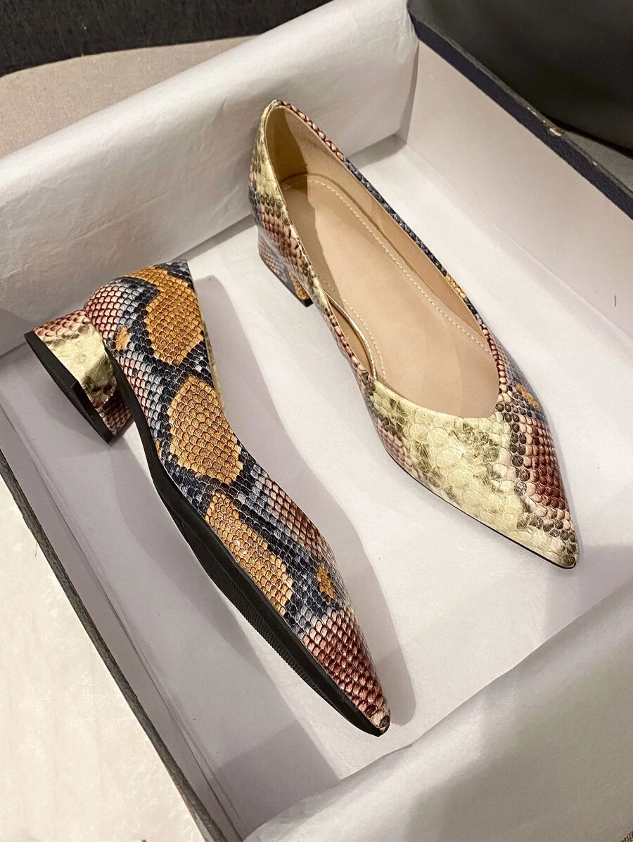 Women Snakeskin Embossed Point Toe Flats, Funky Flat Shoes - Multicolor - View 1