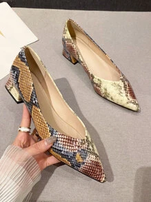 Women Snakeskin Embossed Point Toe Flats, Funky Flat Shoes - Multicolor - View 2