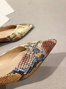 Women Snakeskin Embossed Point Toe Flats, Funky Flat Shoes - Multicolor - View 3
