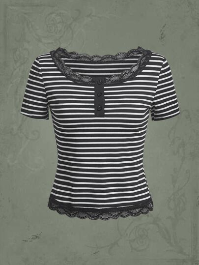 تي شيرت مخطط دانتيل متباين اللون