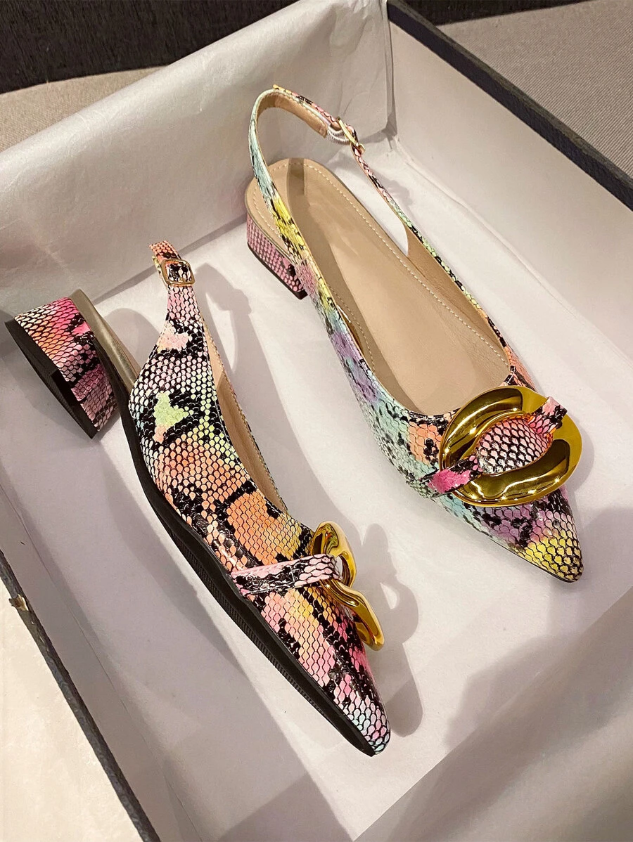 Fall/Winter Women Snakeskin Embossed Metal Decor Point Toe Slingback Flats, Funky Outdoor Flat Shoes