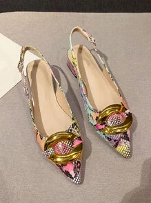 Fall/Winter Women Snakeskin Embossed Metal Decor Point Toe Slingback Flats, Funky Outdoor Flat Shoes
