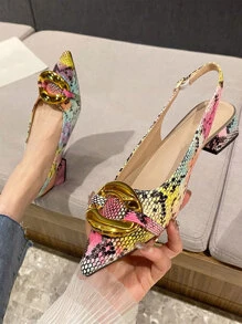 Fall/Winter Women Snakeskin Embossed Metal Decor Point Toe Slingback Flats, Funky Outdoor Flat Shoes