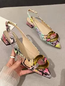 Fall/Winter Women Snakeskin Embossed Metal Decor Point Toe Slingback Flats, Funky Outdoor Flat Shoes