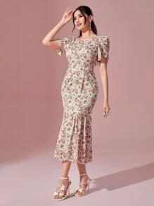 Modelyn Váy dạ hội dài tay bồng in hoa viền đuôi cá - Nhiều màu - Xem 1