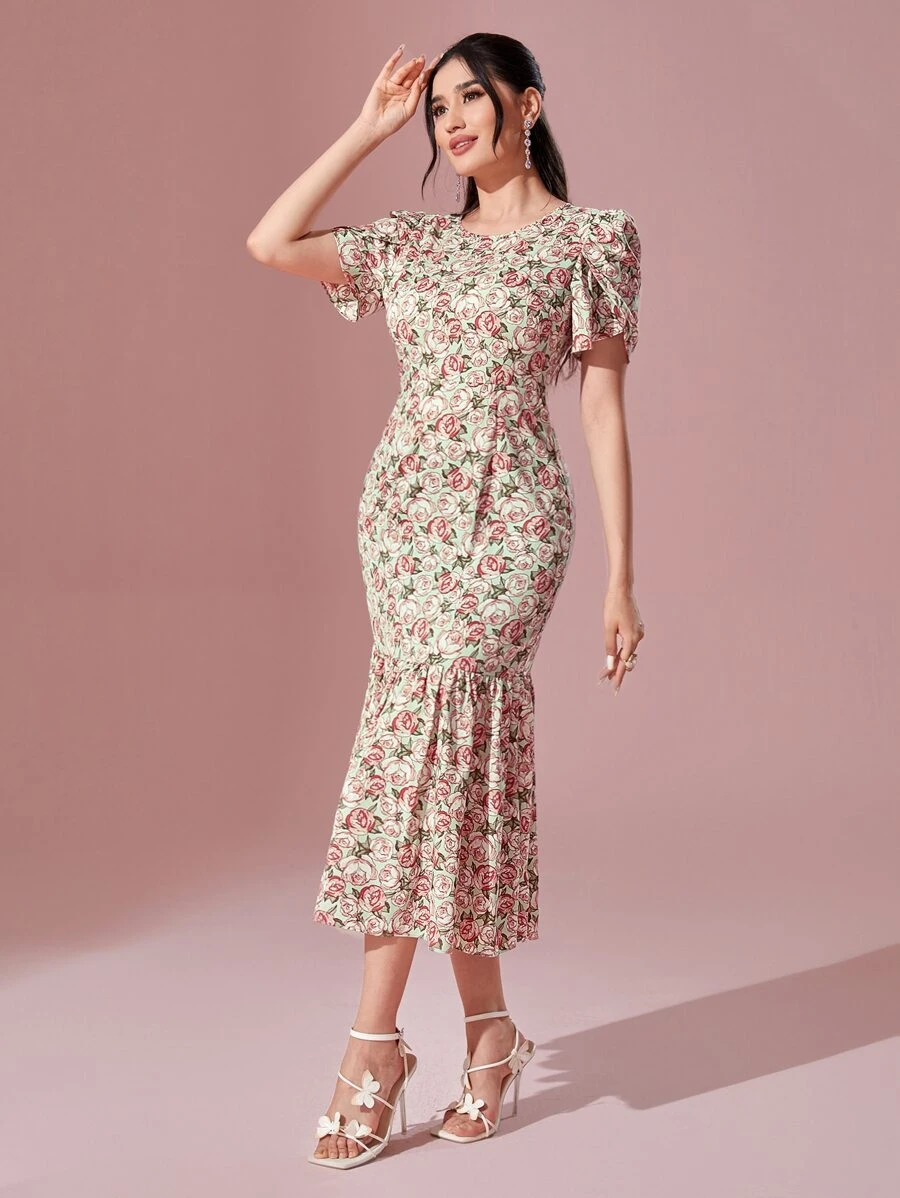 Modelyn Váy dạ hội dài tay bồng in hoa viền đuôi cá - Nhiều màu - Xem 1