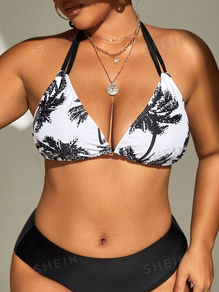 Swim Vcay Top bikini triángulo con estampado de árbol de coco halter - Blanco y Negro - Ver 1