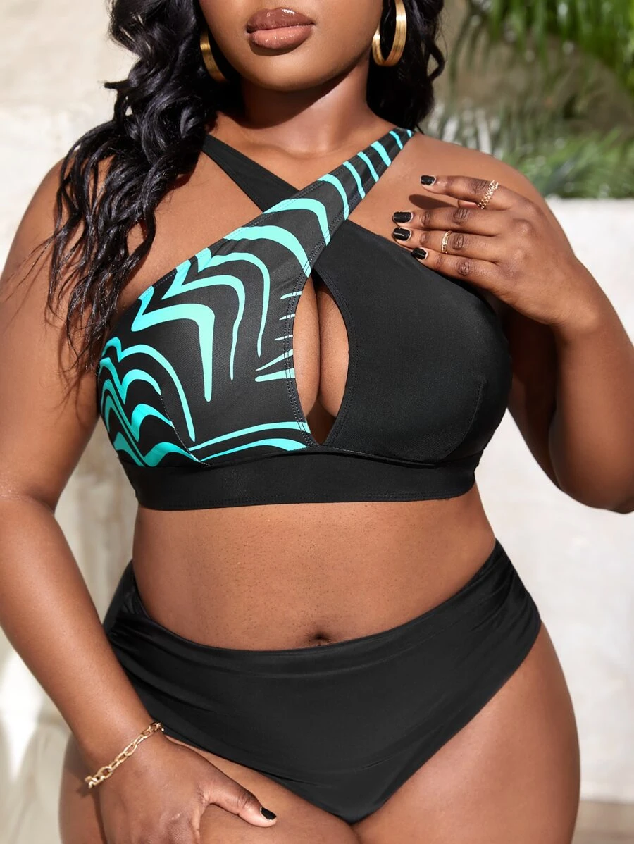 Plus Graphic Print Crisscross Bikini Top - Blue - View 1