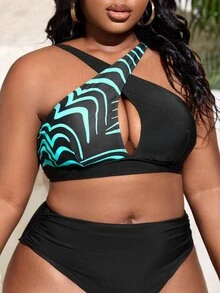 Plus Graphic Print Crisscross Bikini Top - Blue - View 3