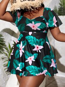 SHEIN Swim Curve Plus Size Tropical Print Ruffle Hem Tankini Summer Beach