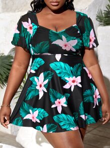 SHEIN Swim Curve Plus Size Tropical Print Ruffle Hem Tankini Summer Beach