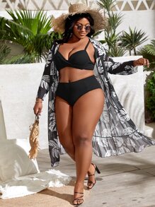 SHEIN Swim Curve Plus Tropical Print Open Front Kimono, For Summer Beach Vacation - Black and White - View 2