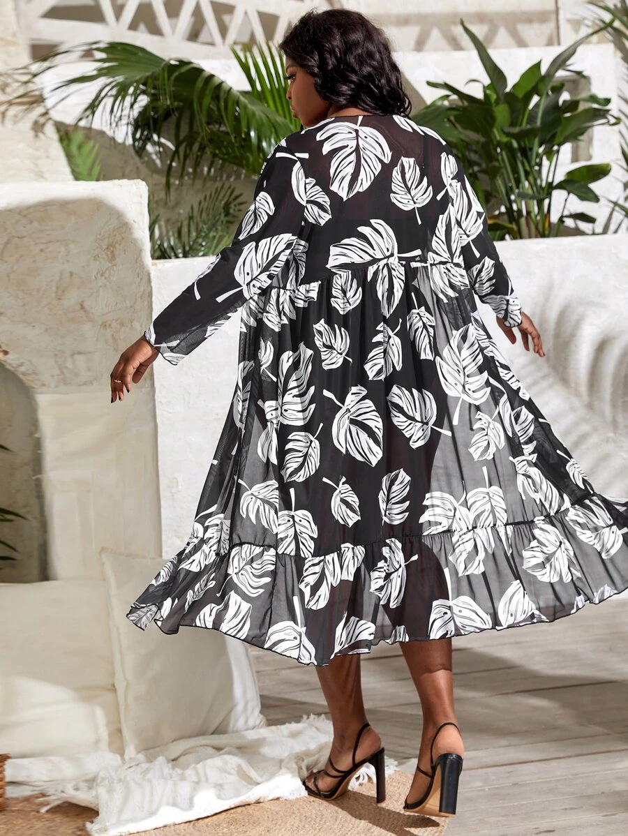 SHEIN Swim Curve Plus Tropical Print Open Front Kimono, For Summer Beach Vacation - Black and White - View 1