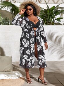 SHEIN Swim Curve Plus Tropical Print Open Front Kimono, For Summer Beach Vacation - Black and White - View 4
