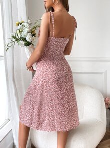 SHEIN LUNE Đầm Thắt nút Xù Tách cao Họa tiết hoa Boho - Hồng - Xem 2