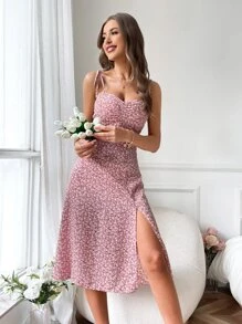 SHEIN LUNE Đầm Thắt nút Xù Tách cao Họa tiết hoa Boho - Hồng - Xem 3