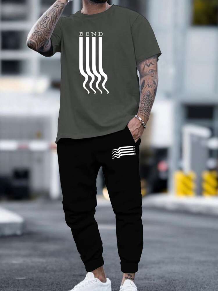 Men Letter Graphic Tee & Drawstring Waist Sweatpants