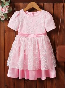Vestido de fiesta Chicas jovenes con encaje de tira de manga farol de dos capas bajo
