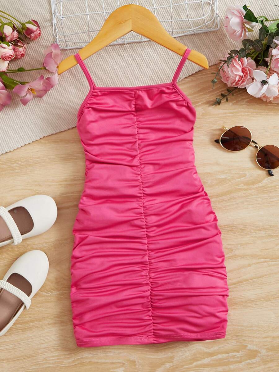 SHEIN 少女針織收褶純色無袖連衣裙，度假風格