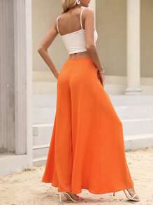 SHEIN VCAY Solid Split Thigh Wide Leg Trousers - Orange - View 2