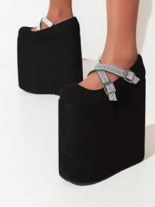 Rhinestone Decor Wedge Mary Jane Shoes - Black - View 1