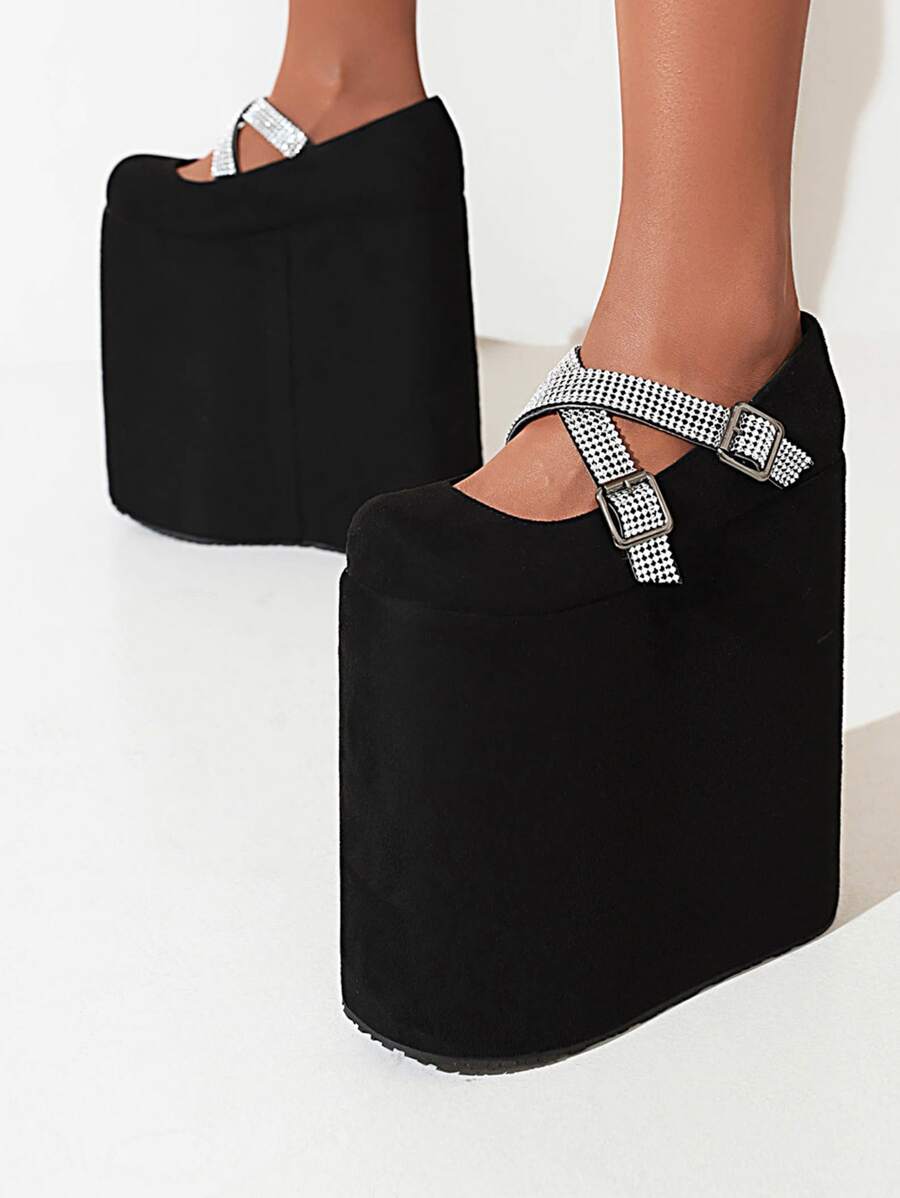Rhinestone Decor Wedge Mary Jane Shoes - Black - View 1