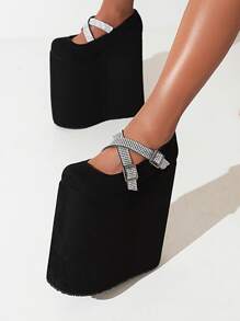 Rhinestone Decor Wedge Mary Jane Shoes - Black - View 2