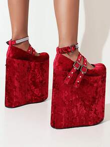 Buckle Decor Faux Suede Wedge Shoes - Rose Red - View 2