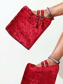 Buckle Decor Faux Suede Wedge Shoes - Rose Red - View 3