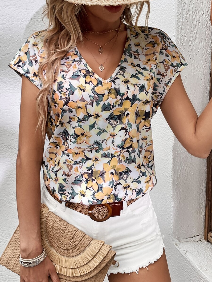 SHEIN LUNE Blusa con estampado floral de manga murciélago - Multicolor - Ver 1